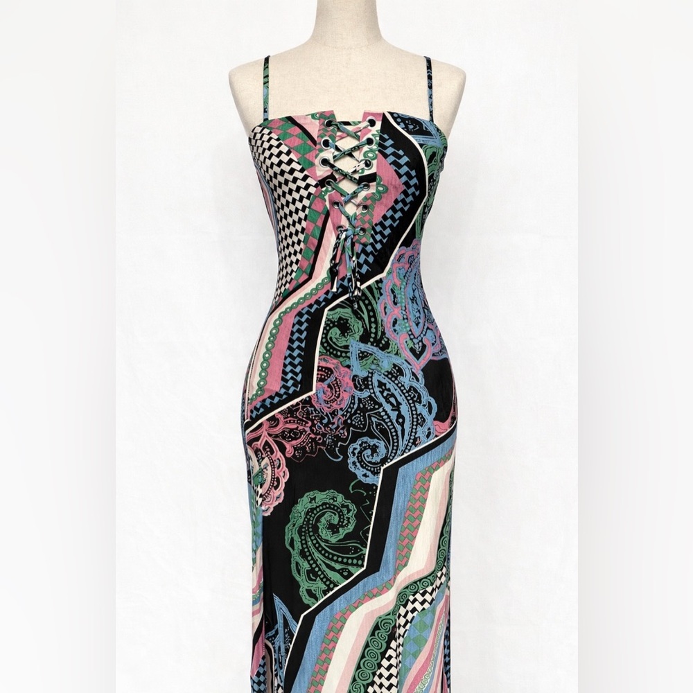 Maxi jersey geometric print tube dress- spaghetti straps corset look lacing. 4
